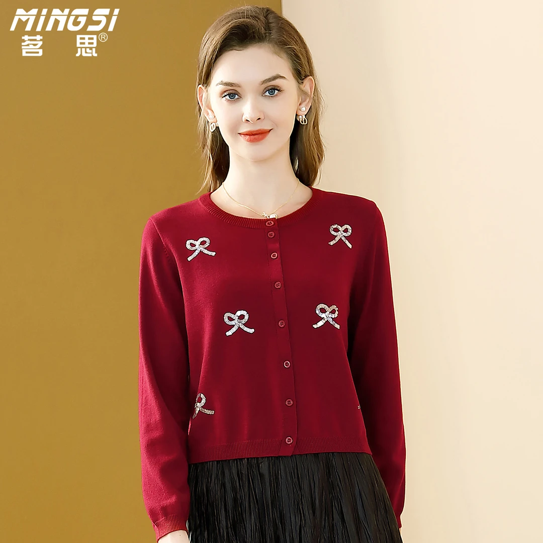茗思时尚红色长袖针织衫秋装女款爆款2025新款百搭休闲慵懒风上衣