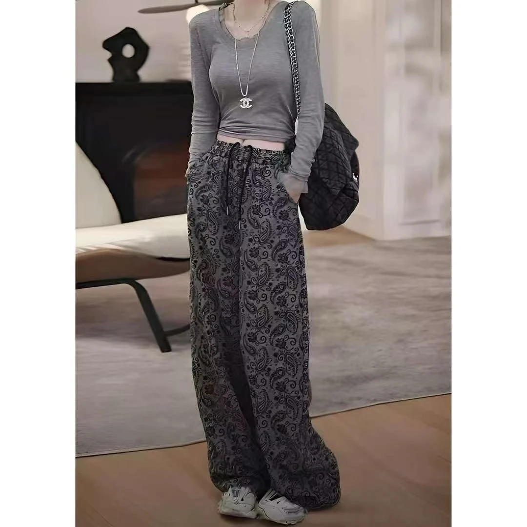 灰色松紧腰休闲裤子女夏季2025新款高腰直筒百搭拖地阔腿长裤