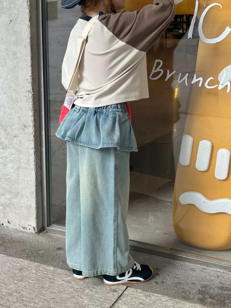 2025秋季新款女童时尚百搭纯色花边牛仔裤假两件长裤裙裤子