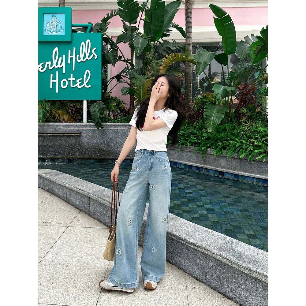 显瘦小个子牛仔长裤牛仔裤裤子春夏时尚休闲阔腿宽松高腰38003