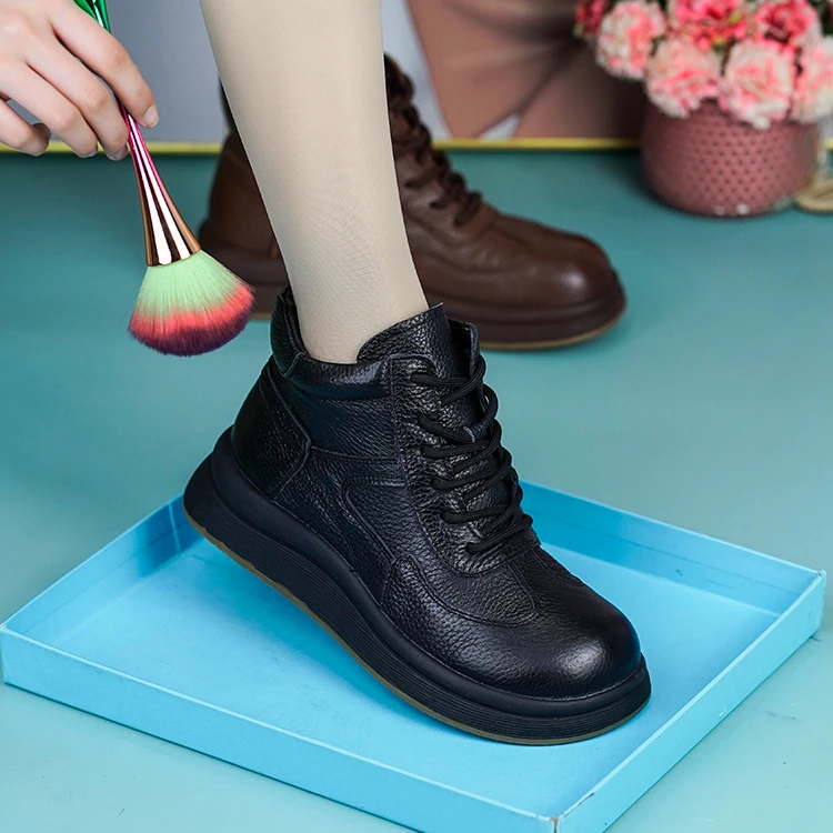 1253秋季新款真皮软底软面休闲百搭休闲鞋头层牛皮圆头平底高帮鞋