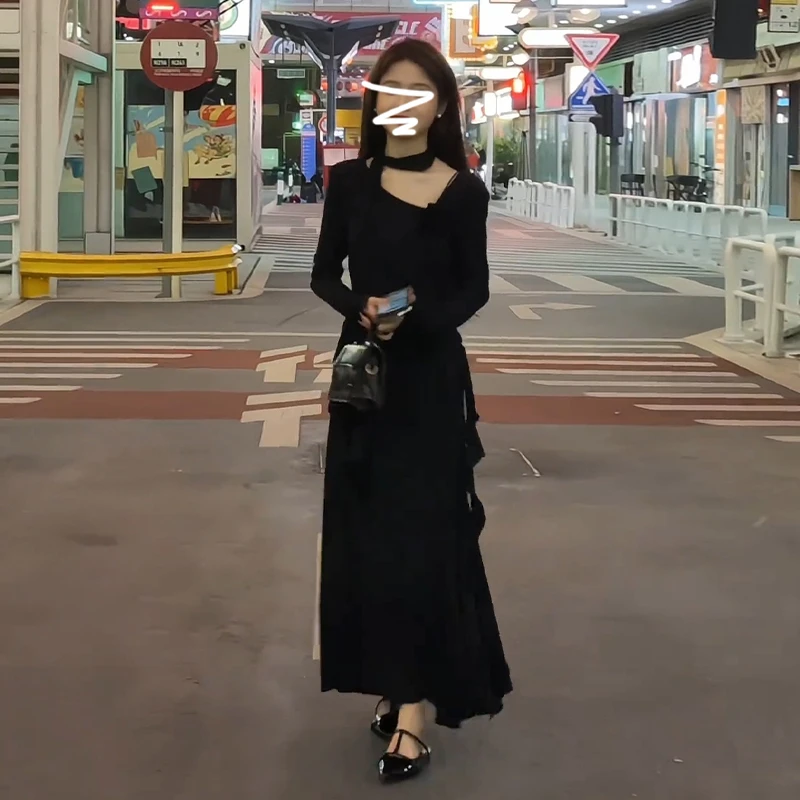 高级感黑色韩系连衣裙子女秋冬2025气质长裙早秋穿搭一整套装0132