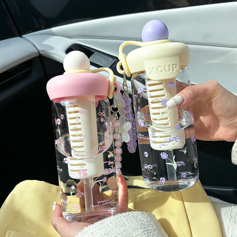 小清新高硼硅链条手提链浮球杯夏日高颜值吸管玻璃杯