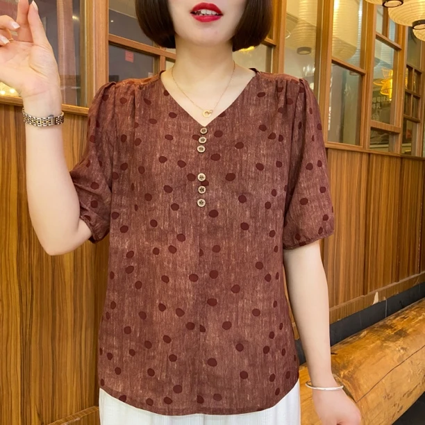 2025大码妈妈装夏季V领气质波点时尚洋气遮肚显瘦短袖上衣休闲