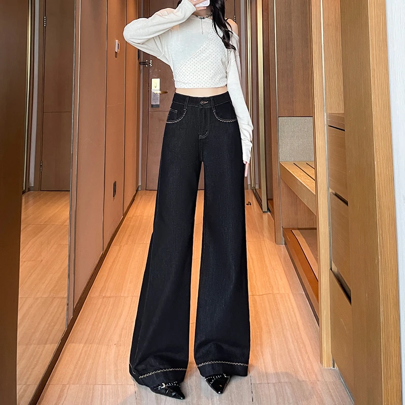 黑金色阔腿牛仔裤女长裤春秋季新款高腰显瘦宽松垂感拖地裤子刺绣