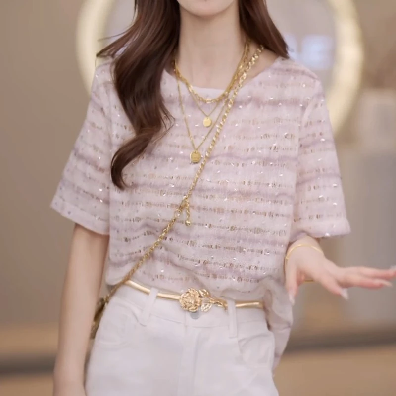 减龄亮片轻薄短袖针织衫女2025夏季新款简约甜美风气质上衣小个子