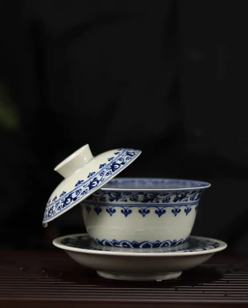 景德镇轻奢釉下彩宝相花陶瓷可悬停三才盖碗客厅功夫茶器