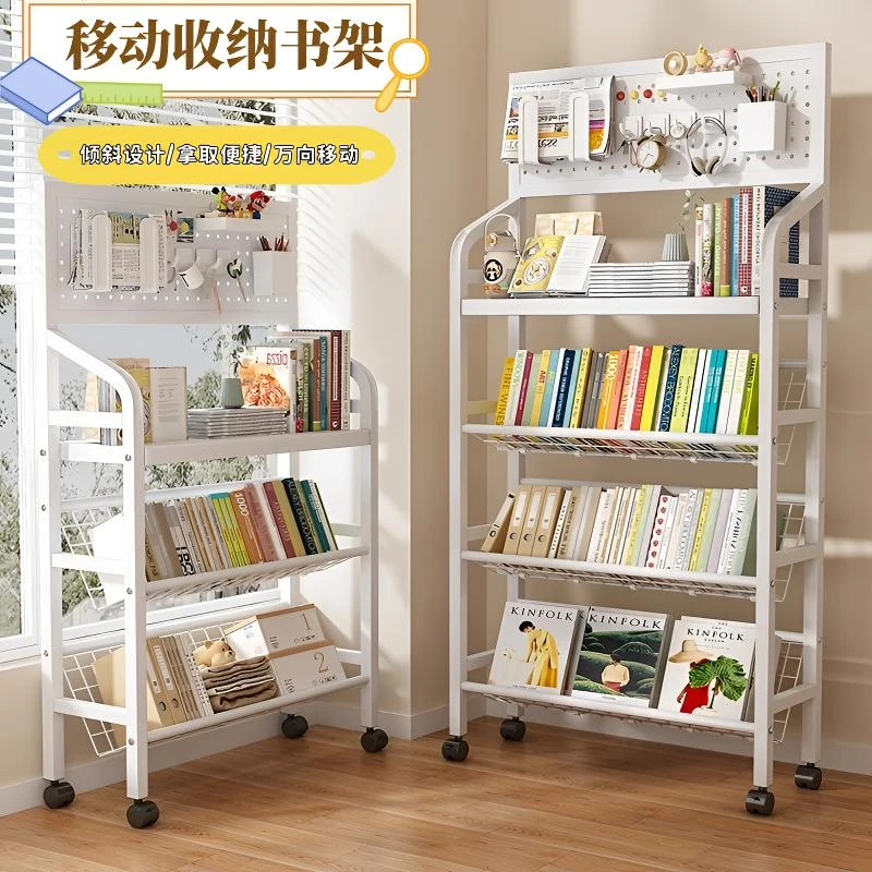 铁艺书架落地置物架带轮可移动儿童书本绘本收纳架多层家用小书柜