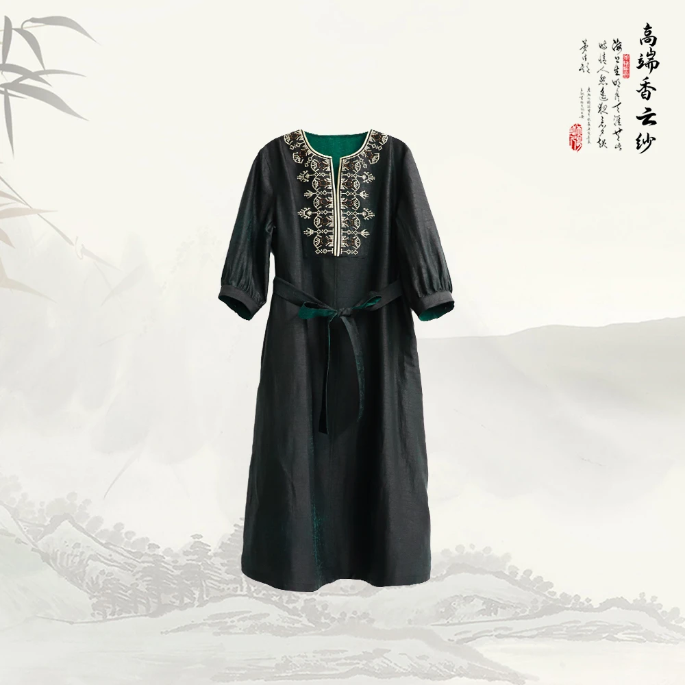 品牌新款重工刺绣收腰显瘦气质复古小v领连衣裙529258