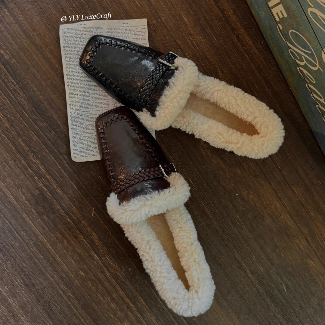 冬季手工编织真皮粗跟保暖毛毛单鞋女加绒大码皮带扣小皮鞋1735-9