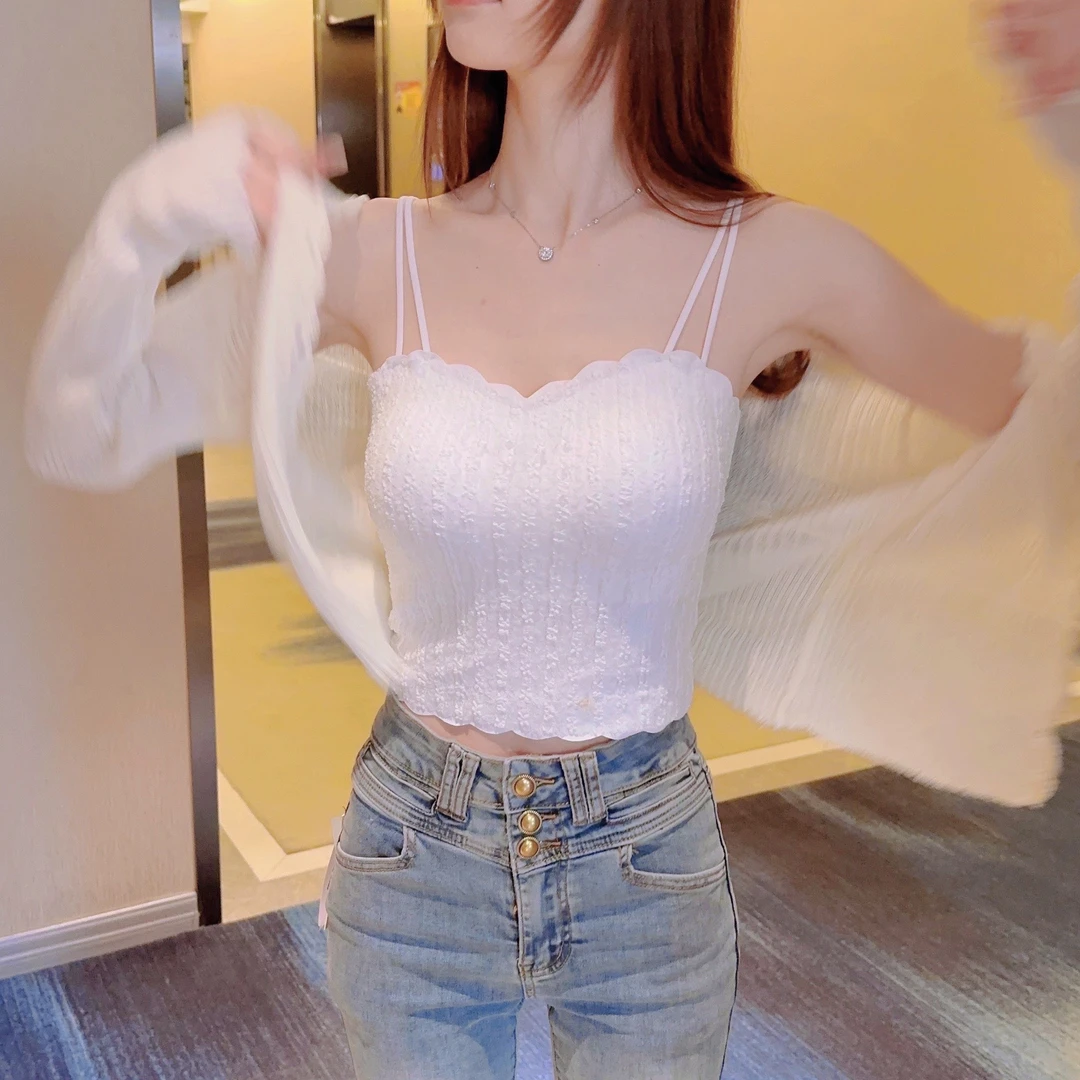 新款蕾丝小胸显大带加厚胸垫吊带背心女内搭打底抹胸美背上衣外穿