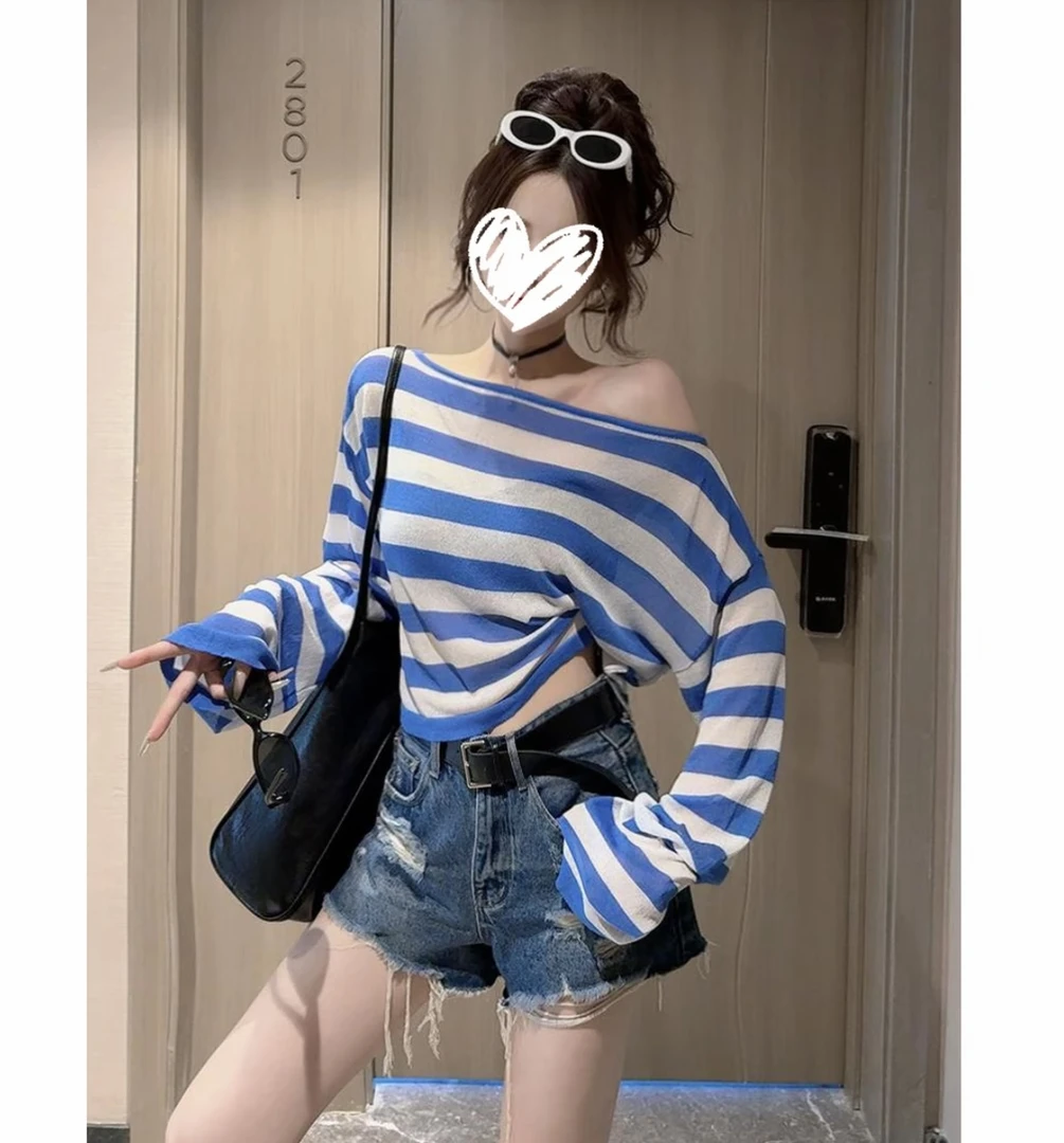 韩国东大门短款韩版百搭显瘦条纹一字领新款长袖T恤宽松防晒上衣