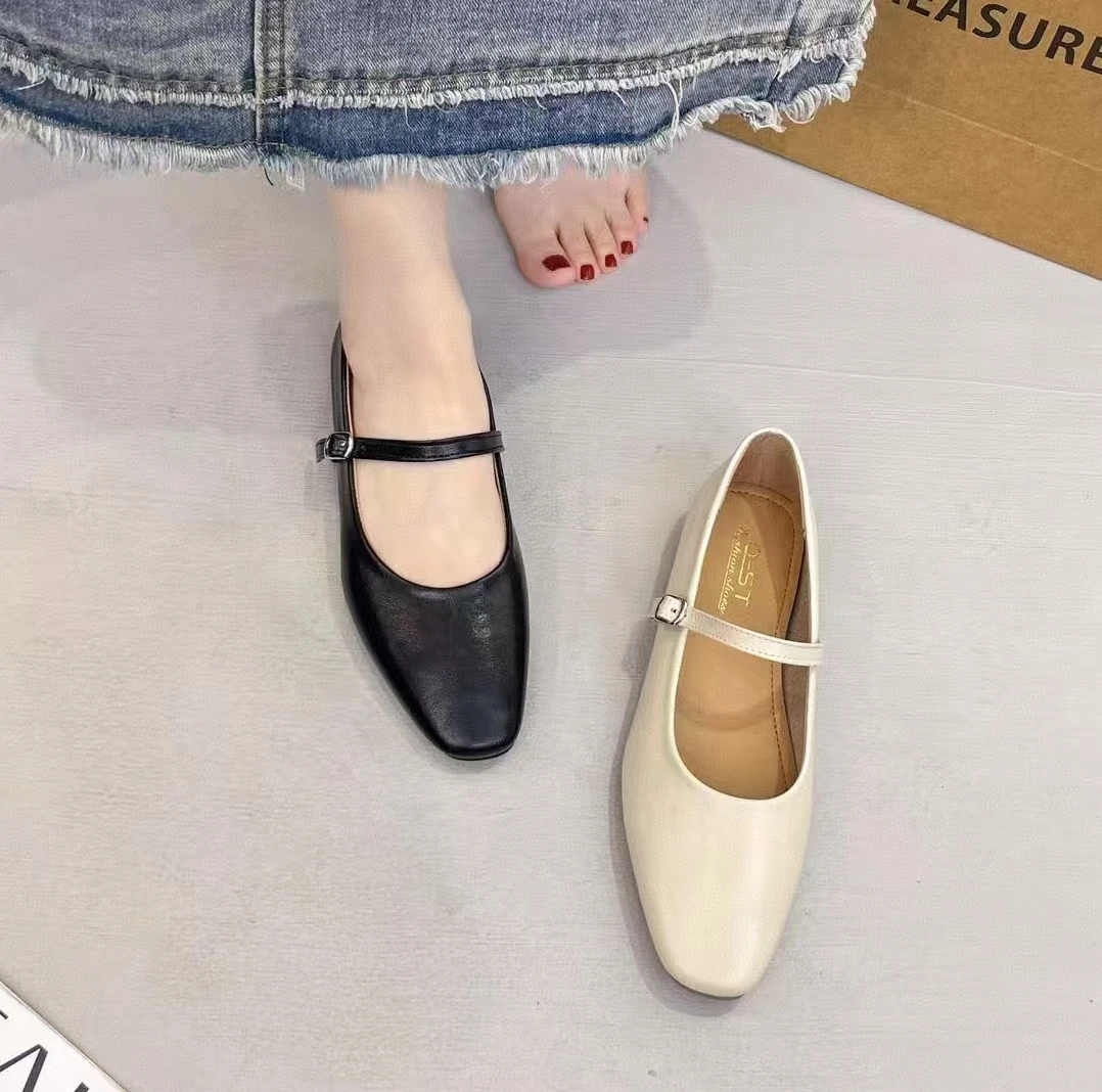 【大福专属】真皮一字扣玛丽珍尖头百搭软底小单鞋复古
