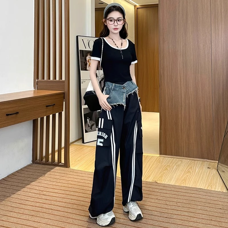 美式辣妹休闲套装女2025夏季新款显瘦短袖T恤束脚阔腿裤两件套潮