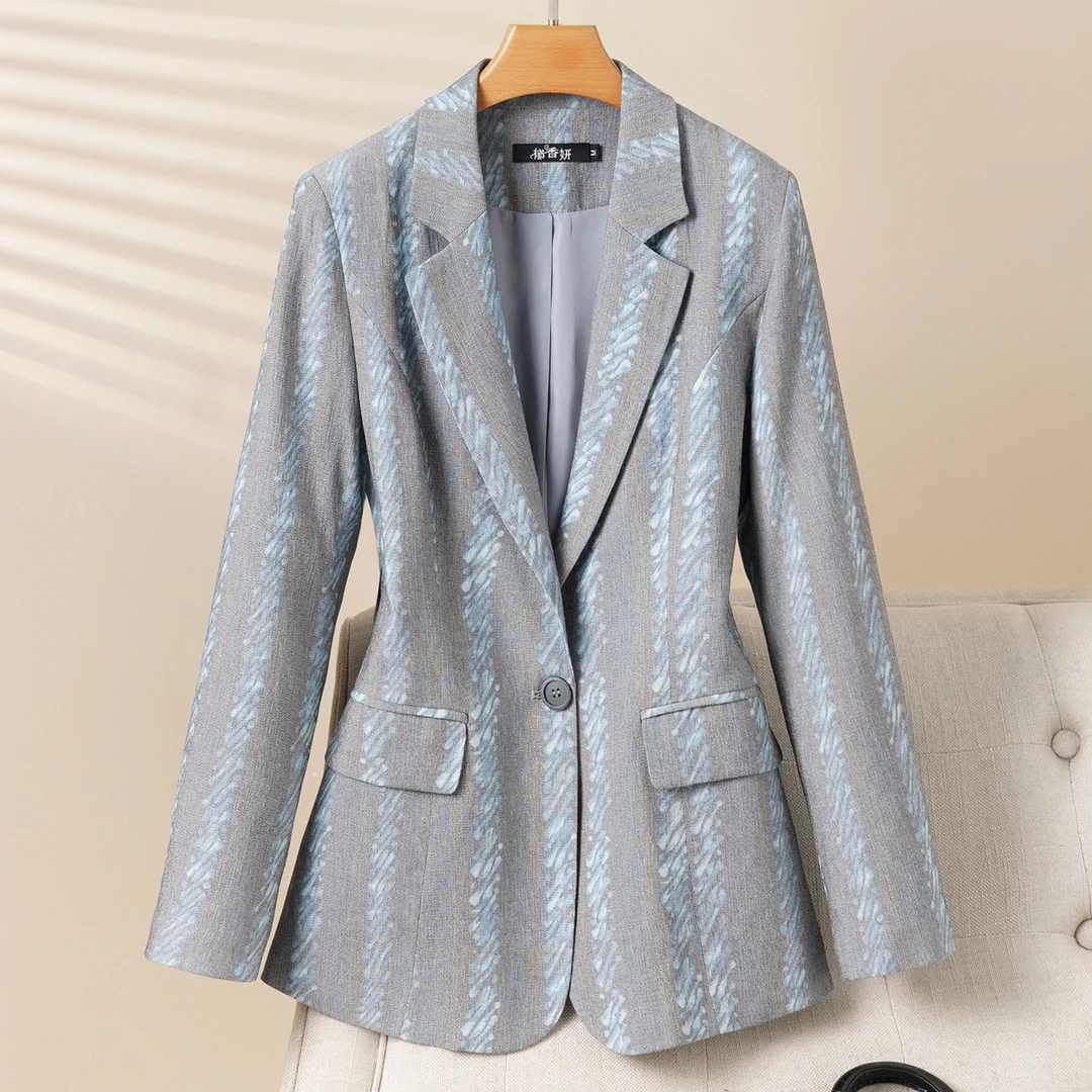 郁香妍2025秋季新款灰色西装外套女高级西服上衣竖条纹小西装亚麻