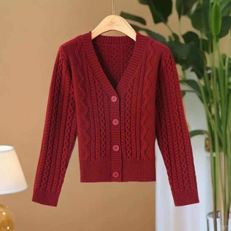 针织衫短款针织开衫春秋季新款提花麻花宽松显瘦外套v领洋气上衣