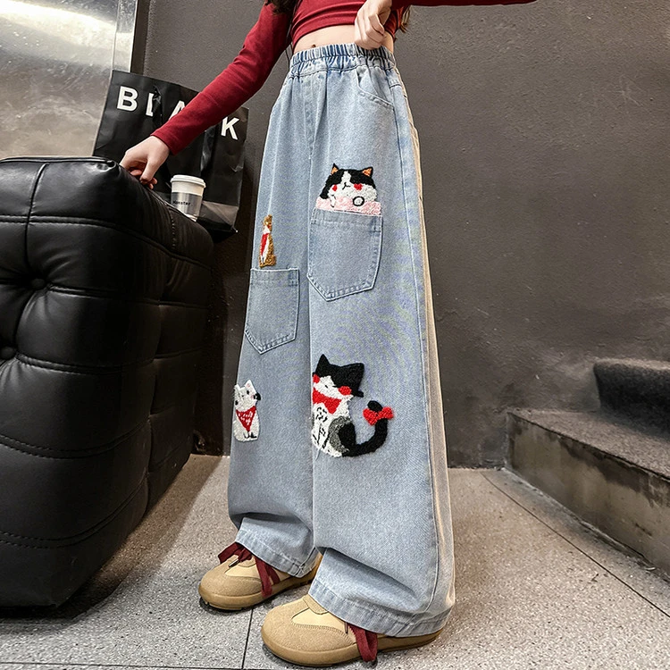 女童裤子春秋款洋气牛仔裤2025新款中大童时尚阔腿裤儿童休闲裤潮