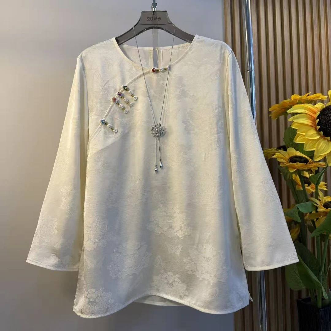 胖妹妹斜襟圆领开叉暗纹小衫大码女装文艺国风新中式气质显瘦上衣