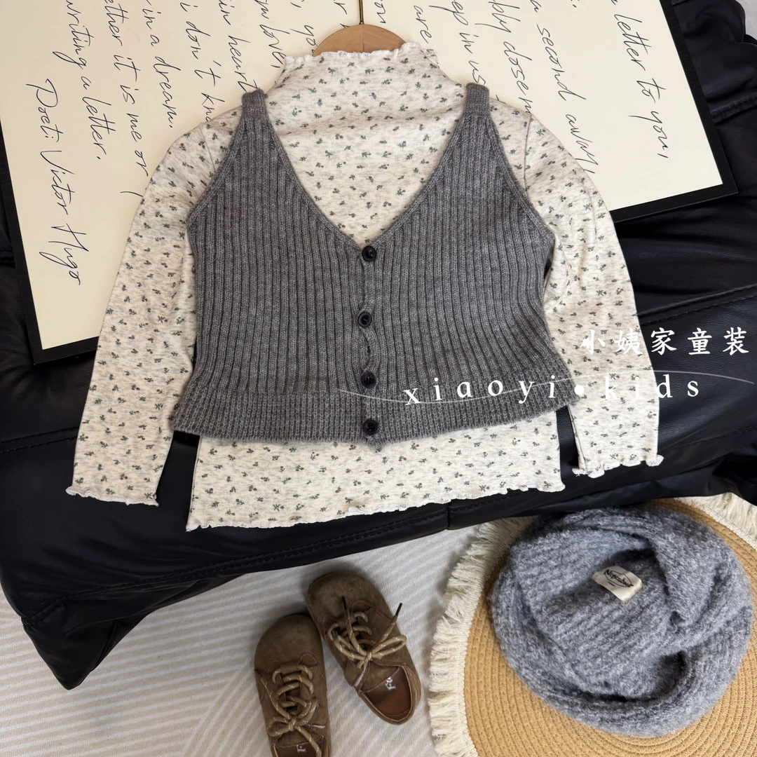 女童上衣针织背心韩版长袖两件套新款真两件叠穿T恤儿童