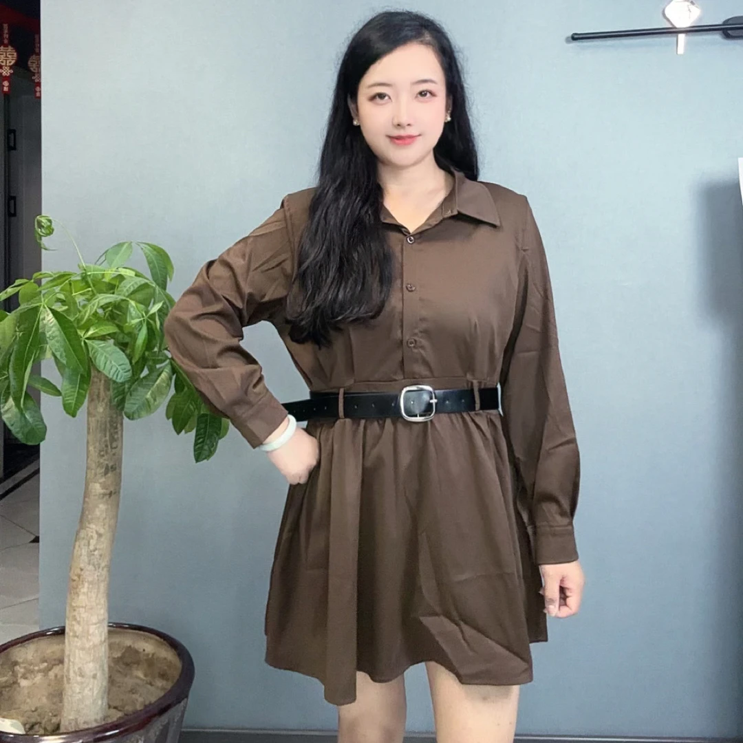 秋季新款大码韩系POLO领衬衫连衣裙女收腰显瘦长袖短裙女