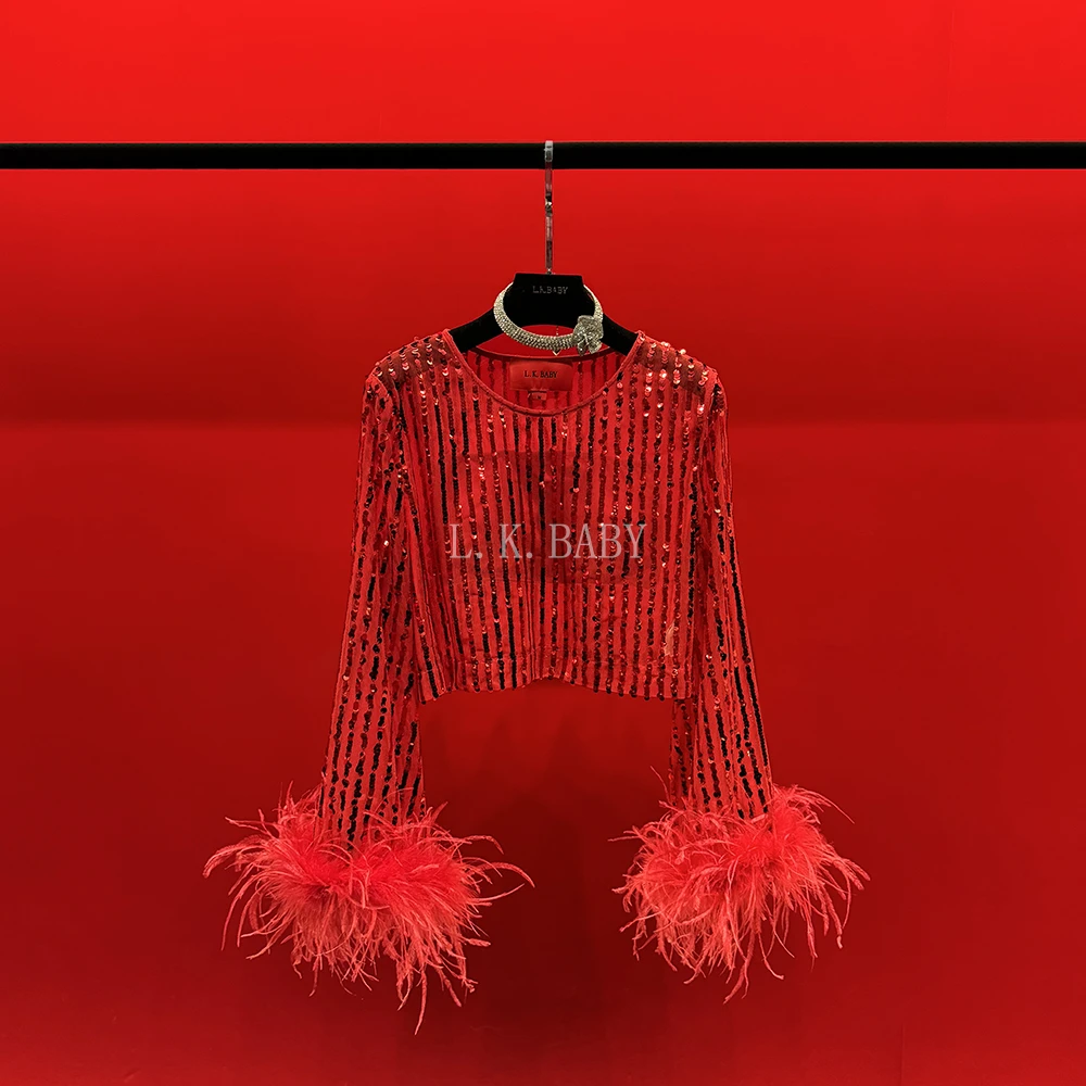 【L.K.BABY】千禧贺岁  轻奢气质时髦重工羽毛袖闪闪亮片冰透衫