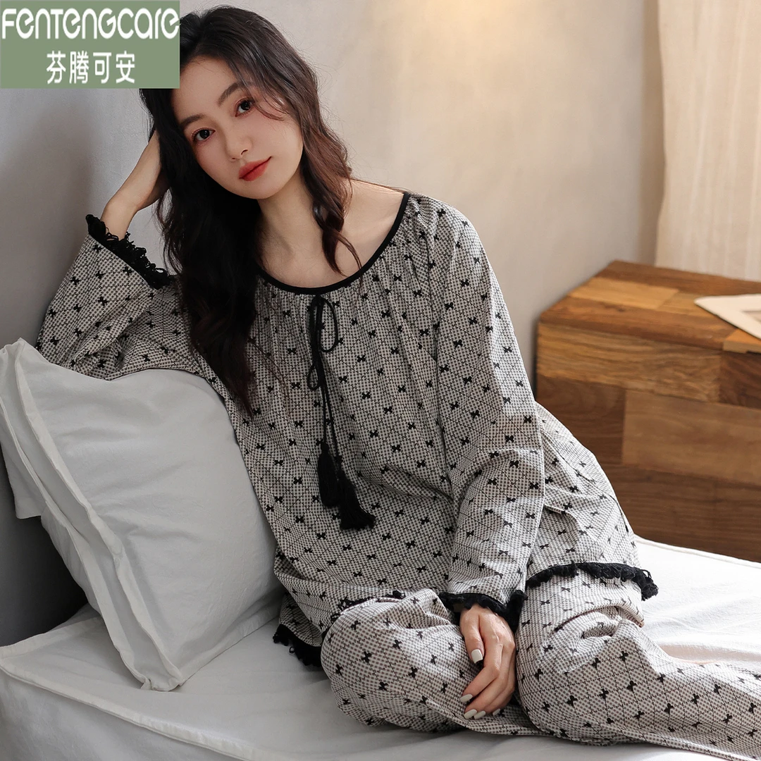 芬腾可安莱卡棉睡衣女款春秋季长袖开衫圆领甜美新款秋冬薄家居服