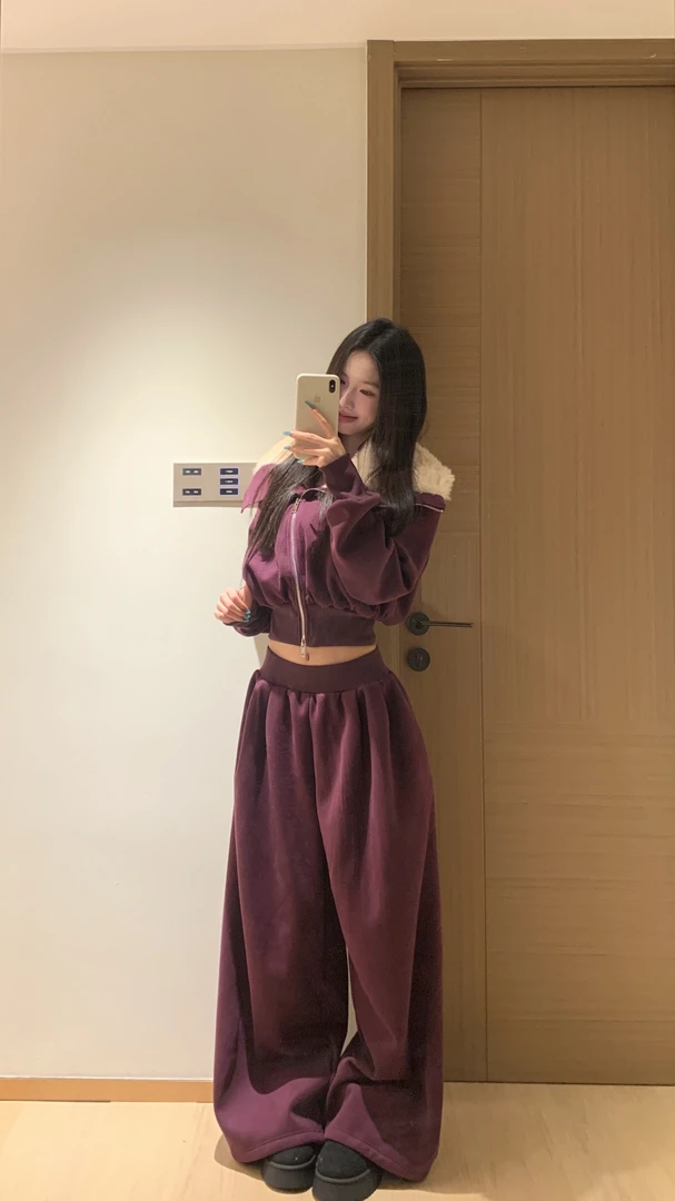 双拉链复古仿羊绒大毛领长袖外套女慵懒风休闲阔腿裤辣妹加绒套装