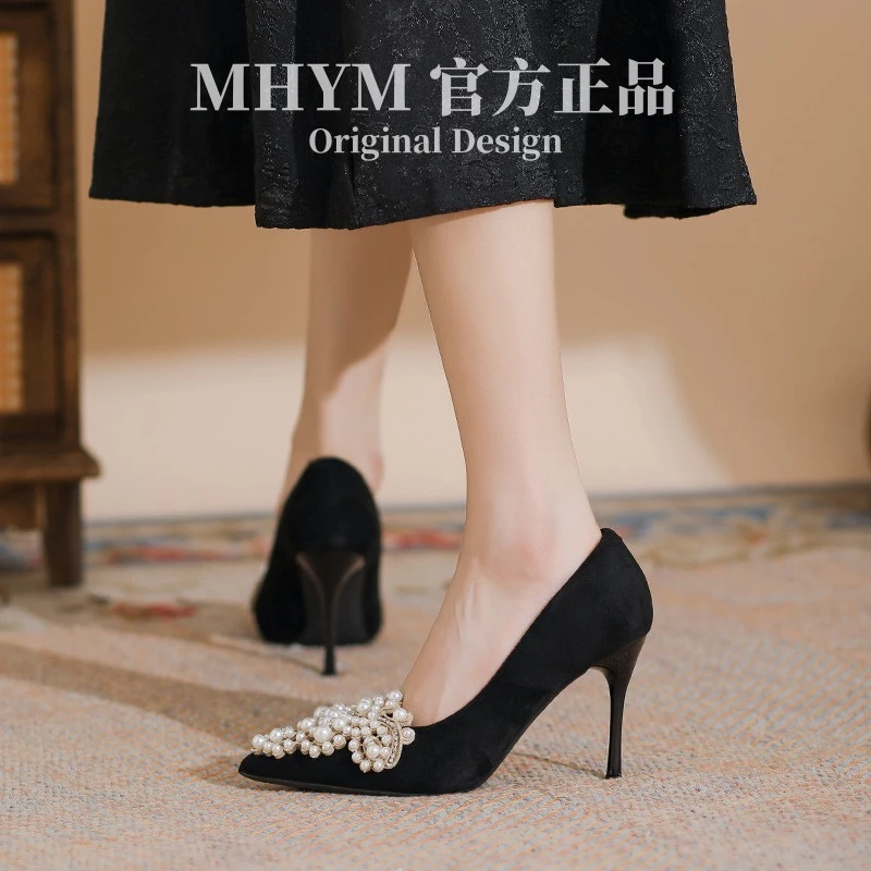 黑色高跟鞋女2025新款细跟小众气质名媛珍珠女神范尖头浅口单鞋女