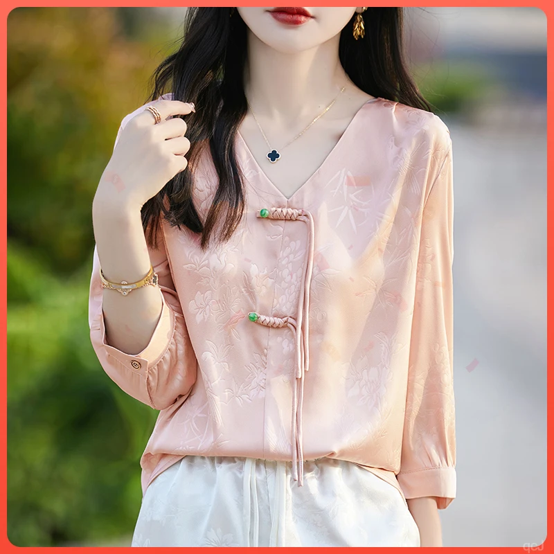 小众设计感中国风半袖盘扣轻奢短袖五分袖复古V领新中式提花T恤女