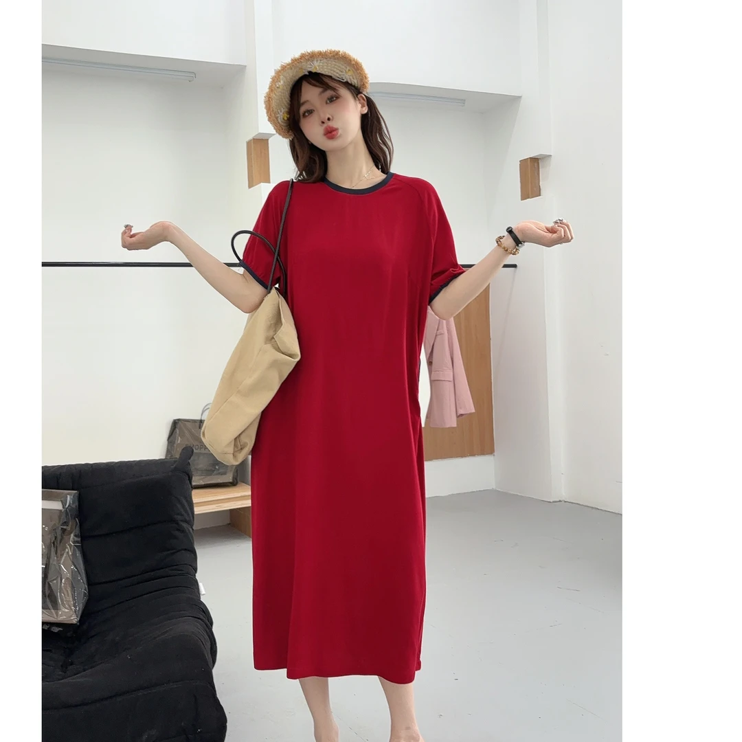 【大气端庄】棉绸气质拼色休闲宽松圆领大码加长款连衣裙  B582