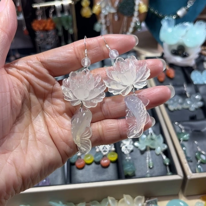蛇纹石玉银S925镶嵌耳饰