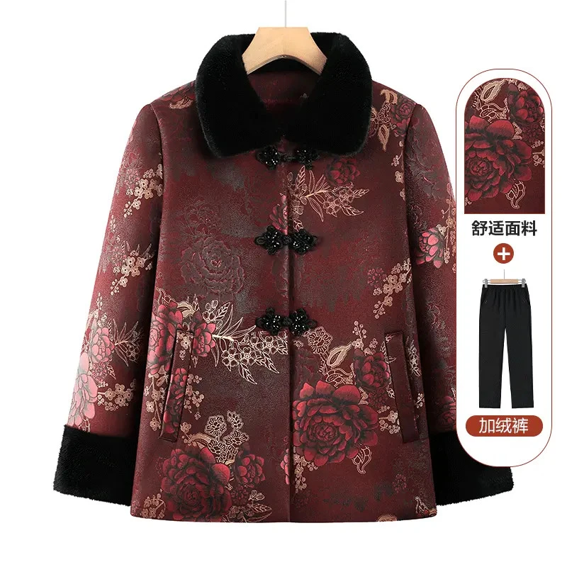 奶奶装2025秋冬外套中老年人女棉服套装加绒加厚上衣太太衣服
