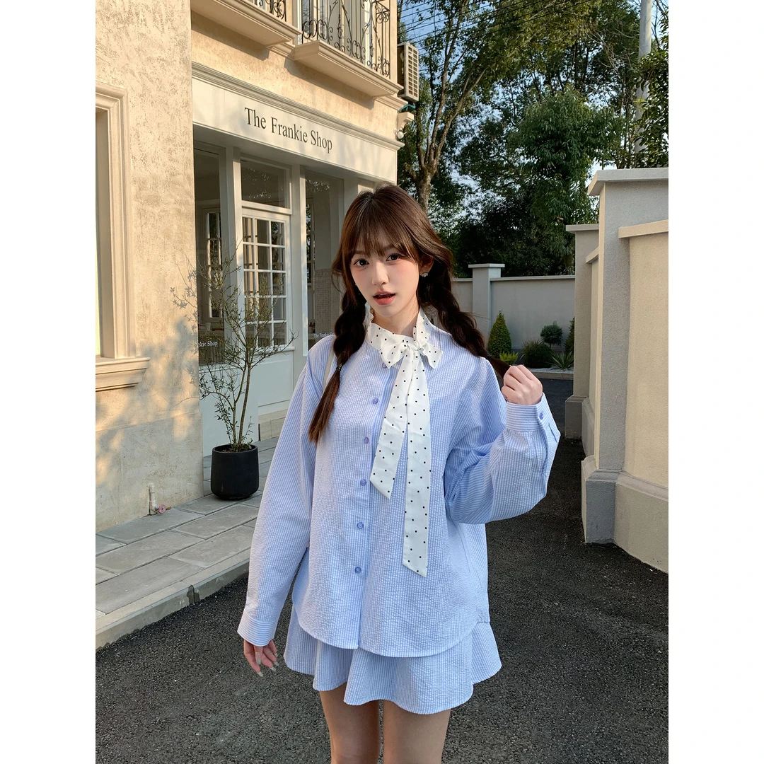 ANDEARDI俏皮蝴蝶结活力衬衫女春季宽松显瘦裤裙套装