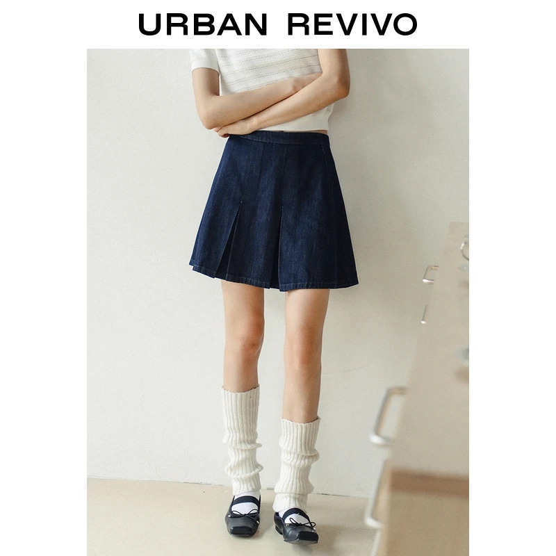 UR夏季新款女装都市休闲复古压褶短款牛仔半裙UWU840051