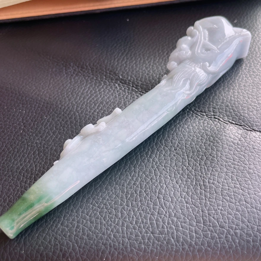 天然A货翡翠冰糯种龙头烟嘴手把件缅甸老坑玉貔貅龙头烟嘴手玩件