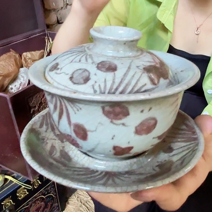 摆件景德镇高温陶瓷三才鱼藻纹