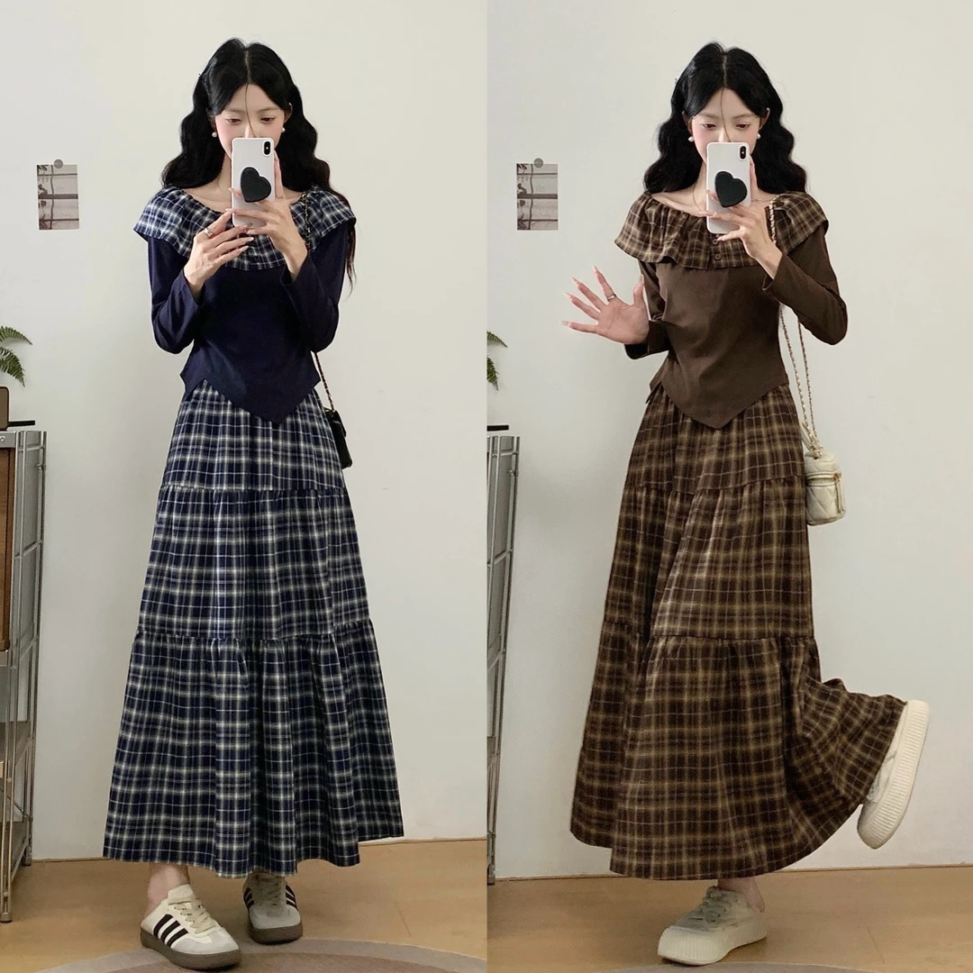 MO88ZSPF大码女装一字肩格子拼接圆领上衣松紧腰半身裙两件套女