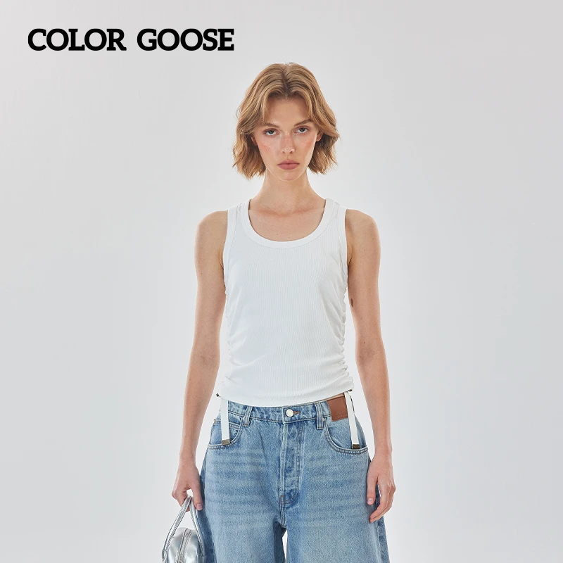 【孟佳同款】COLOR GOOSE 女士圆领显瘦短袖针织衫时尚凉爽背心上衣