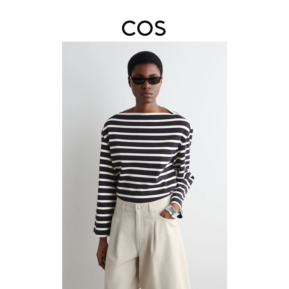 COS女装 标准版型船领条纹长袖上衣2025春季新品1247812004