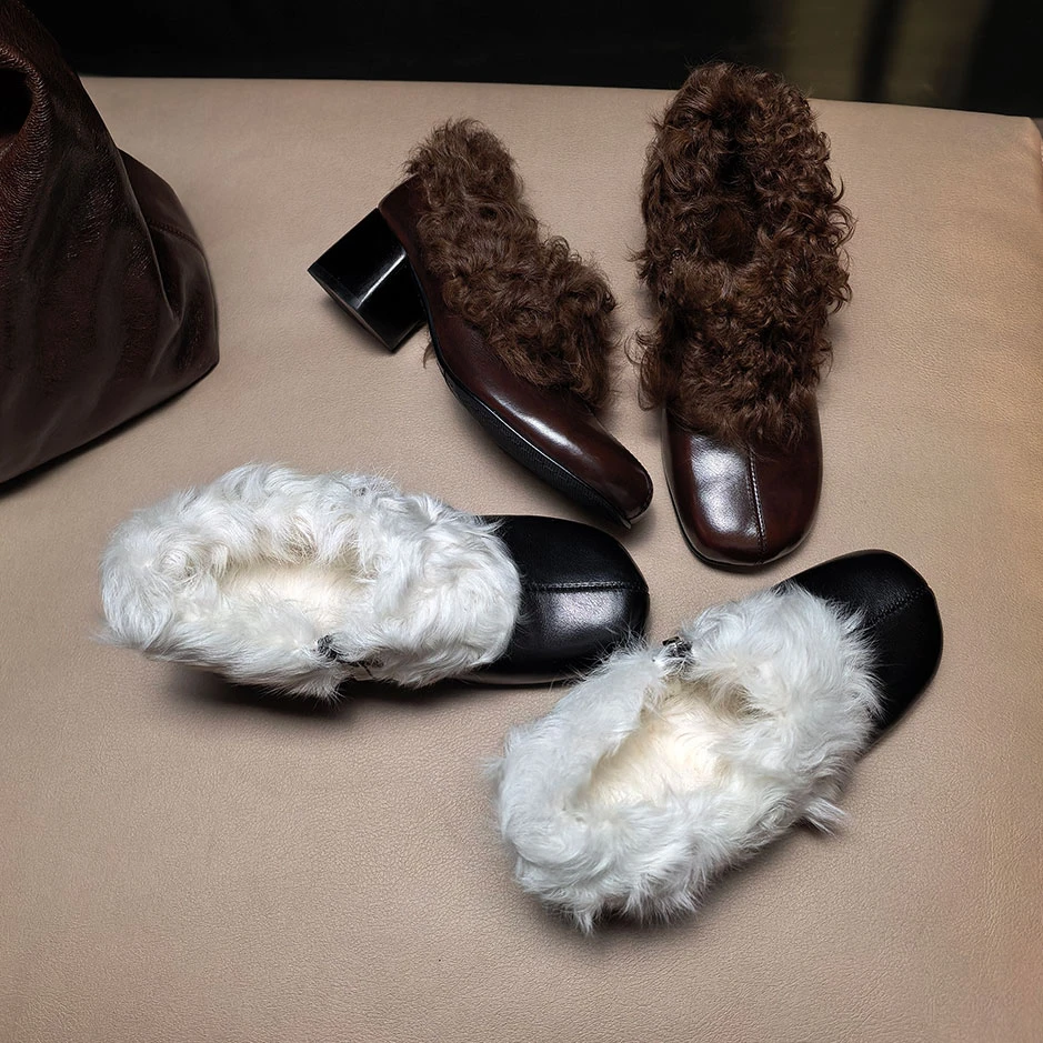 跟高5.5CM/加绒保暖粗跟单鞋冬季加厚羊皮毛一体真皮女士高跟皮鞋