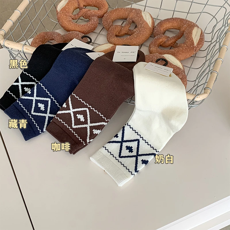 学院风菱格袜子女藏青色韩系简约堆堆袜英伦风秋季搭小皮鞋中筒袜