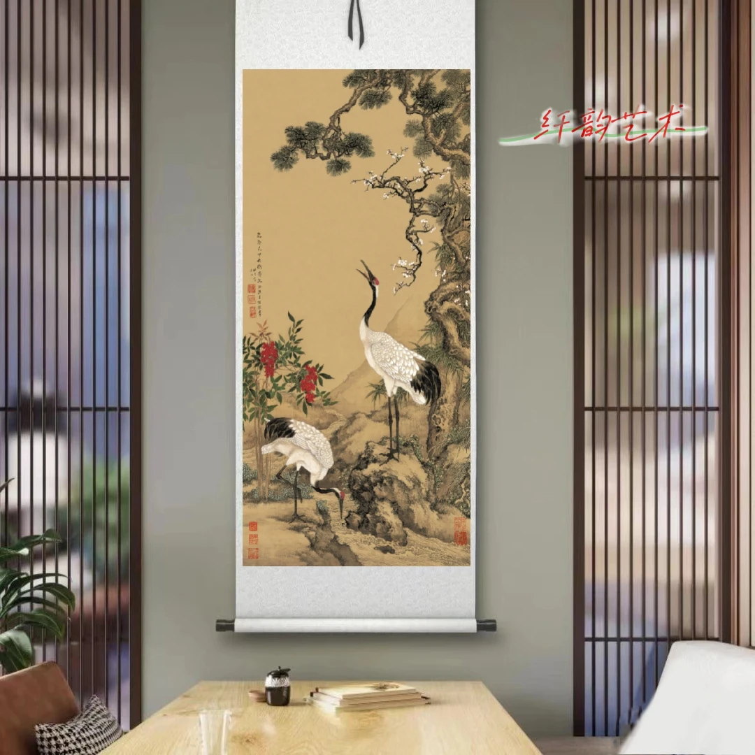 《松梅双鹤》180*72CM竖幅玄关走廊茶室书房装饰画