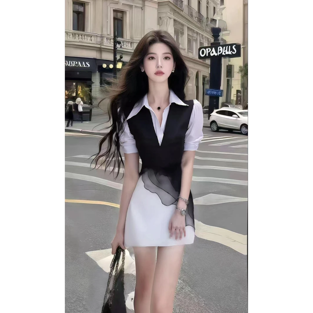 轻熟知性风黑白衬衫领修身短袖收腰连衣裙小众高级感时尚气质女装