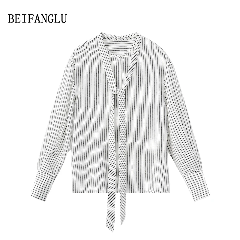 北方鹿 法式轻奢桑蚕丝! 高级感竖条纹衬衫女简约飘带上衣女25682