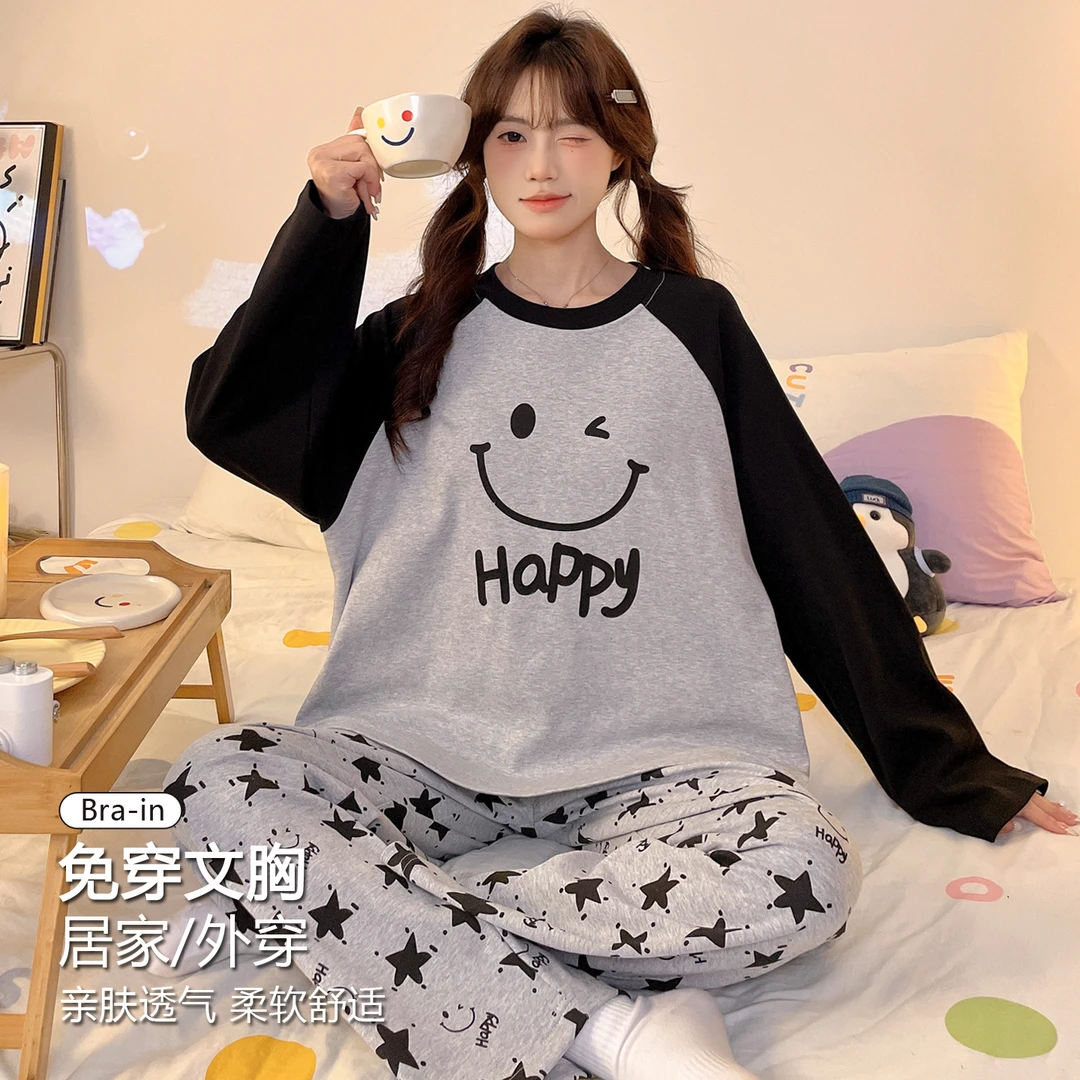 睡衣女款爆款2025新款带胸垫可外穿长袖韩版ins风少女学生家居服