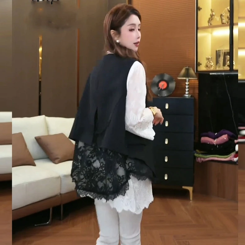 春夏新款时尚减龄气质百搭蕾丝拼接马甲外套洋气设计款坎肩外套潮