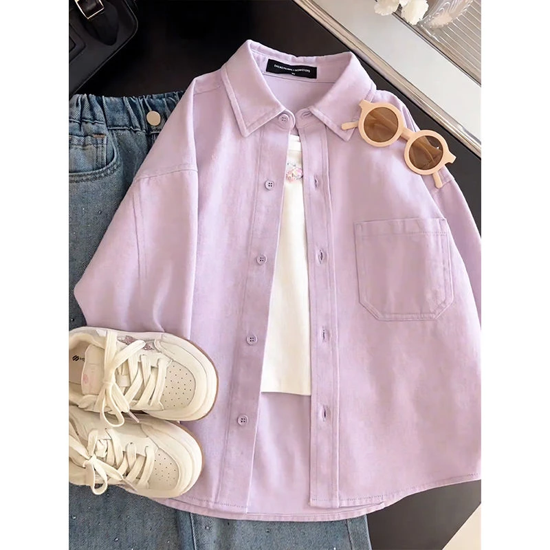 女童衬衫春秋设计感外套2025新款中大童韩版宽松百搭开衫长袖上衣