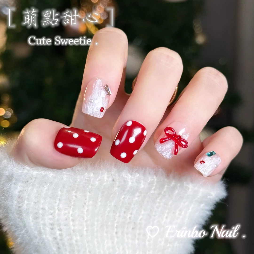 卓淇宝【萌点甜心】设计师原创可爱红色法式波点手绘蝴蝶结穿戴甲