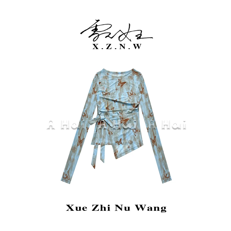 A Hai【蝶衣若蓝】夏季晕染蝴蝶印花绑带网纱T恤女不规则百搭上衣