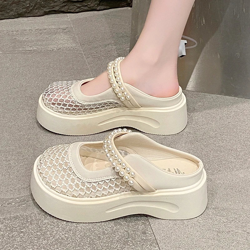 法式包头半拖鞋女2025年夏季珍珠仙女风厚底网面透气玛丽珍凉拖鞋